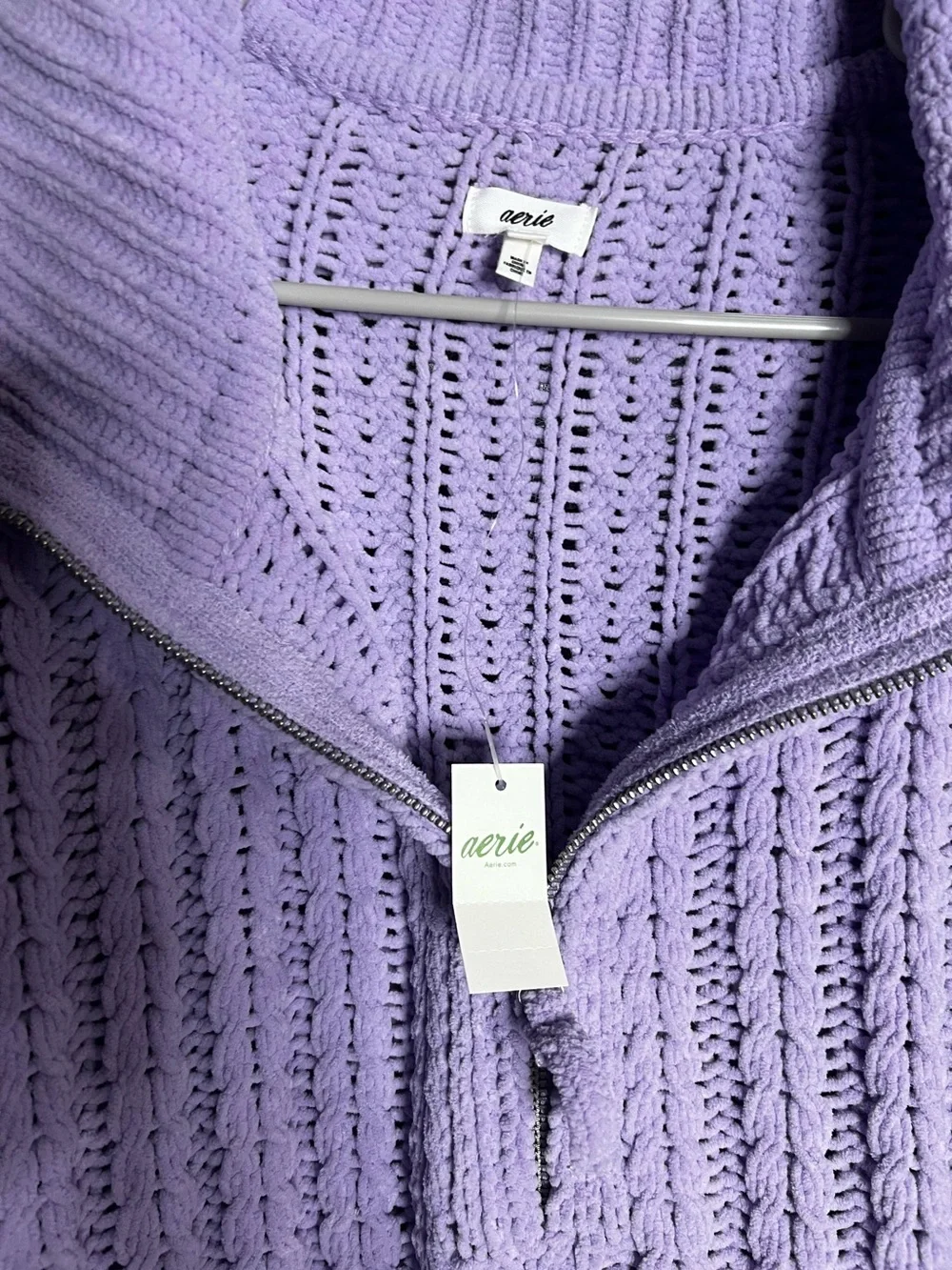 Aerie Lavender Cable Knit Quarter Zip Sweater XL Cozy Oversized Pullover